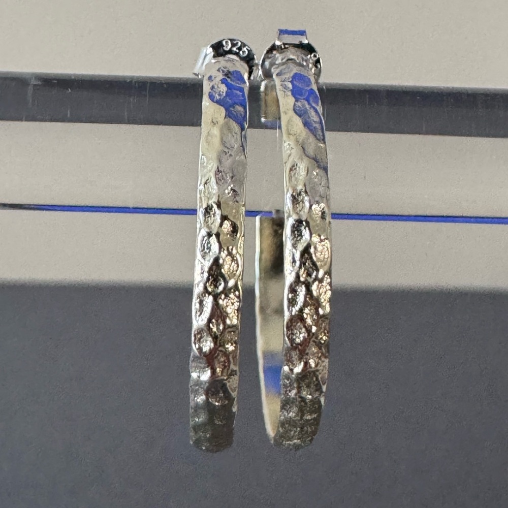 Hammered Sterling Silver Hoop Earrings - Picture 2 of 9